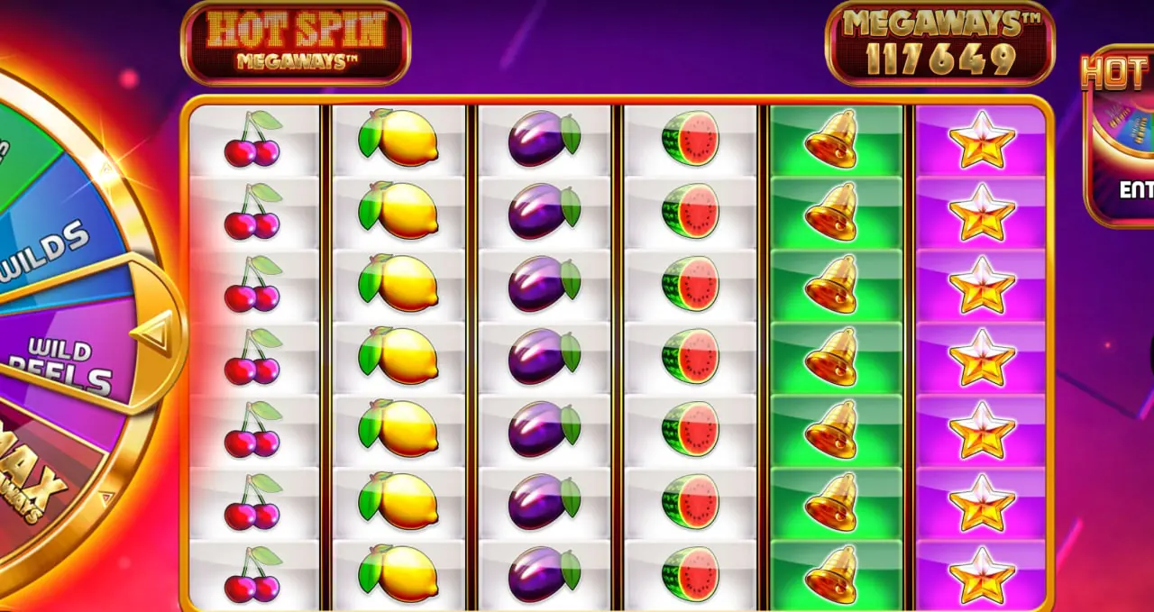 Maximální pole Hot Spin Megaways se všemi šesti válci po sedmi symbolech a počitadlem na 117 649 způsobech