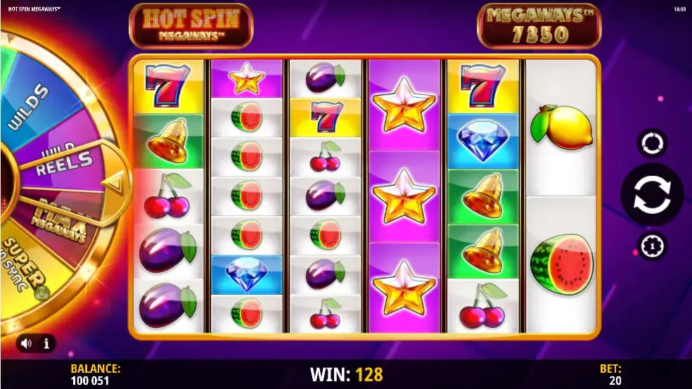 Zůstatek, výhra a sázka v Hot Spin Megaways pod polem se 7 350 způsoby, které platí 128