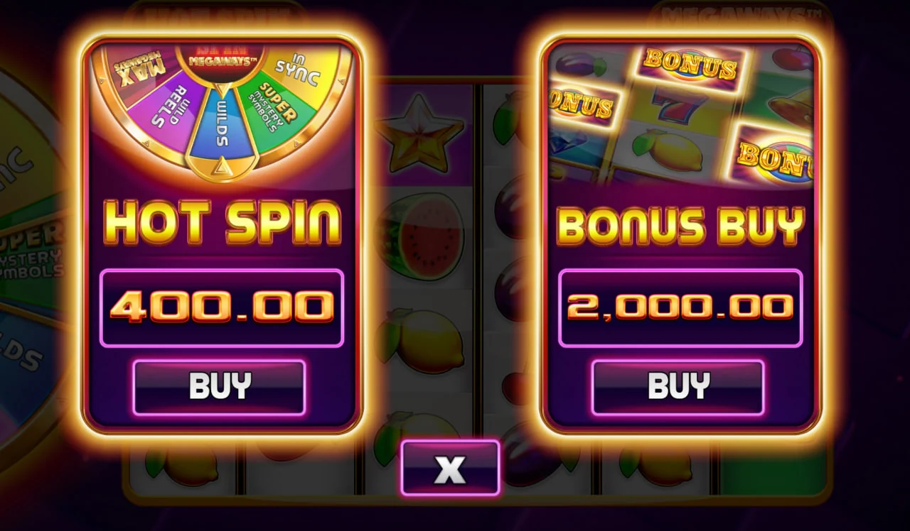 Nabídka nákupů v Hot Spin Megaways s Hot Spin za 400,00 a Bonus Buy za 2 000,00 při sázce 20,00