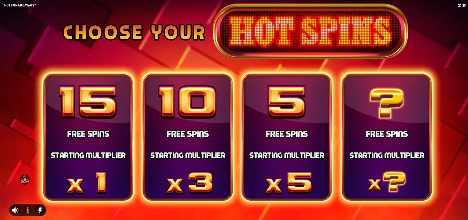 Výběr volatility pro roztočení zdarma v Hot Spin Megaways s nabídkou 15, 10 nebo 5 spinů a Mystery Choice