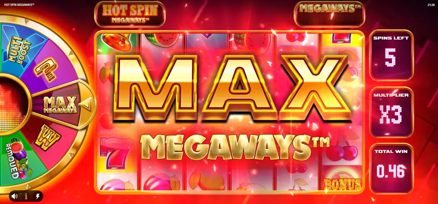 Kolo Hot Spin Megaways padá na Max Megaways během free spinů, zbývá pět spinů a násobitel je na x3